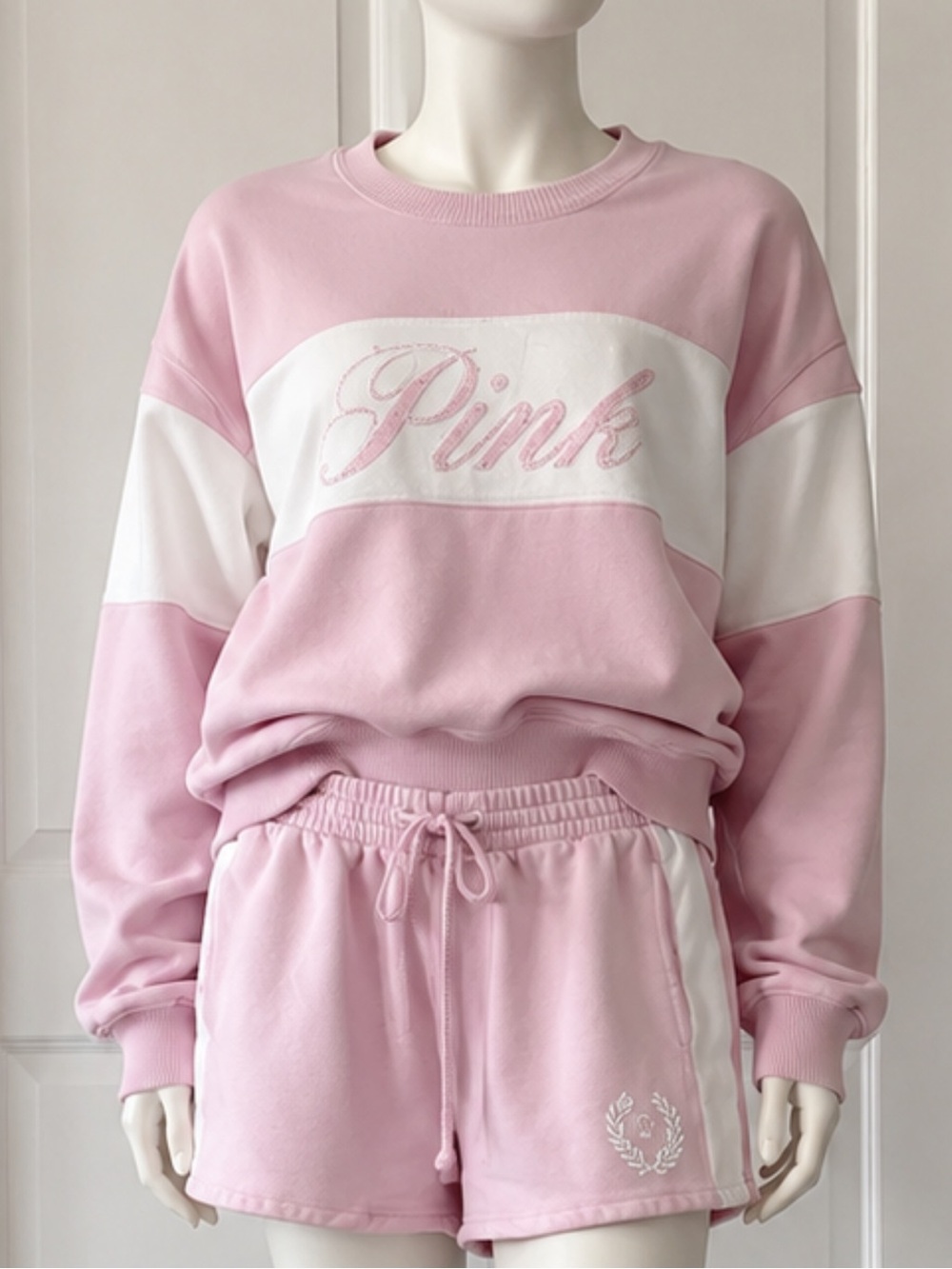 PINK Victoria's Secret Pink and White Colorblock Crewneck Sweatshirt